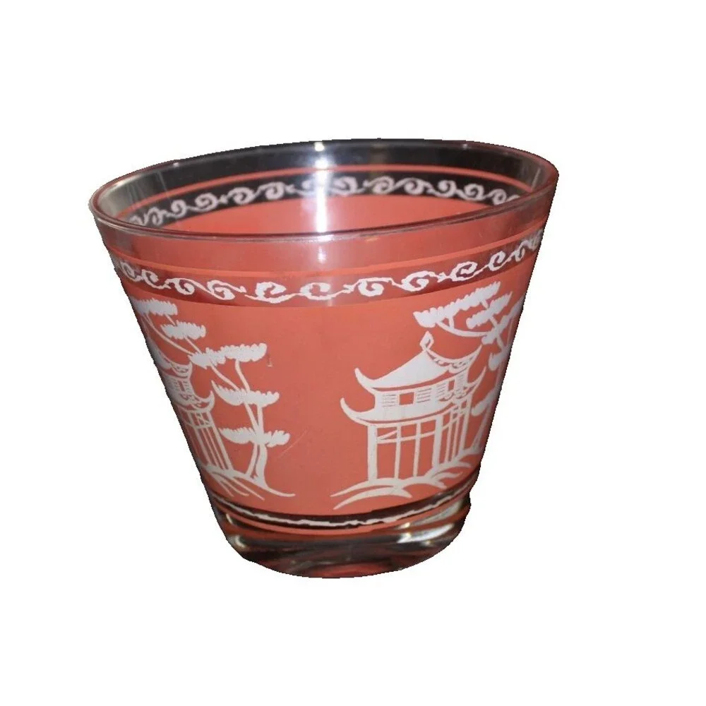 Vintage Hazel Atlas Coral Pink Pagoda Glass Ice Bucket Bowl 5